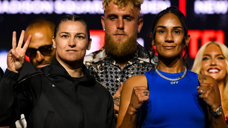 New York , United States - 9 July 2025; Katie Taylor, left, and Amanda Serrano with Jake Paul, co-Founder of Most Valuable Promotions, during a press conference, held at The Theater at Madison Square Garden in New York, USA, ahead of their undisputed super lightweight championship fight on July 11th at Madison Square Garden in New York. (Photo By Stephen McCarthy/Sportsfile via Getty Images)