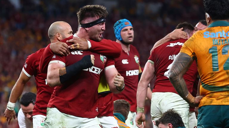 Tom Curry of the British & Irish Lions celebrates after scoring a try against Australia (AP Photo/Pat Hoelscher)