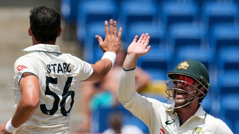 Australia's Travis Head Mitchell Starc greets West India to dismiss Keacy Carty 