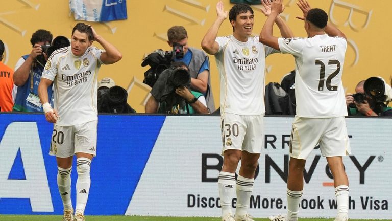 Real Madrid's Gonzalo Garcia (30) celebrates after scoring the opening goal during the Club World Cup round of 16 soccer match between Real Madrid and Juventus in Miami Gardens, Fla., Tuesday, July 1, 2025. (AP Photo/Lynne Sladky)