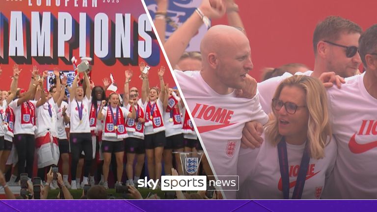 Leah Williamson and the Lionesses team lift the trophy in front of the fans as they lined the streets to celebrate bringing the 2025 Euros back from Switzerland. 
