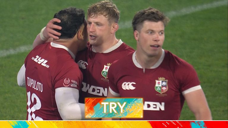 Sione Tuipulotu runs in under the post from close range after the Lions take a quick tap and go right at the start of the second-half. 