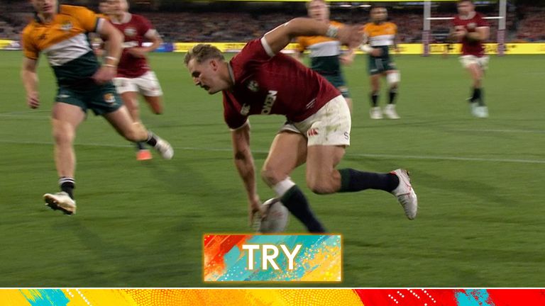 Duhan van der Merwe goes over for his hat-trick as the British and Irish Lions dominate the AUNZ XV on their final warm-up game ahead of the first Test against Australia. 