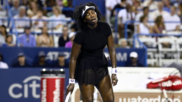 Venus Williams reacts during a match against Magdalena Frech, of Poland, at the Citi Open tennis tournament Thursday, July 24, 2025, in Washington. (AP Photo/Nick Wass)