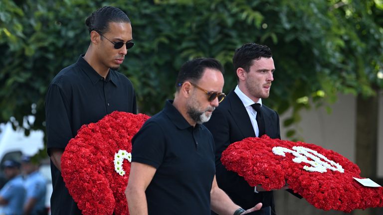Liverpool's Virgil Van Dijk and Andy Robertson arrive at the funeral of Diogo Jota and Andre Silva 