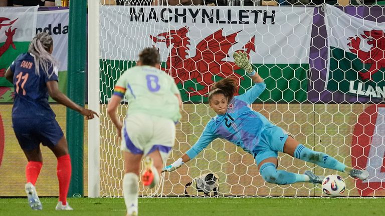 Kadidiatou Diani restored France's lead over Wales with a penalty just before half-time. (AP Photo/Martin Meissner)