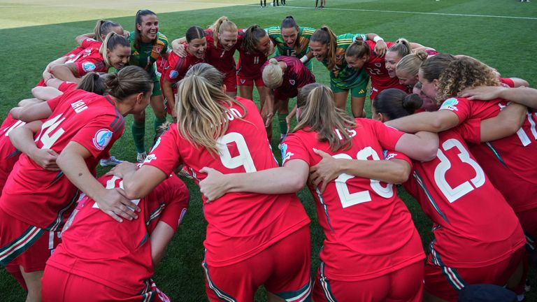 Wales players huddle prior to the start of the Euro 2025, group D, soccer match between Wales and the Netherlands