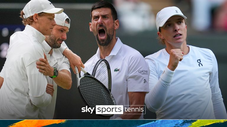 Watch the best of the action from day eight at Wimbledon as Grigor Dimitrov was forced to retire as Jannik Sinner progressed, Novak Djokovic beat Alex de Minaur and Iga Swiatek saw off Clara Tauson to reach the quarter-finals.
