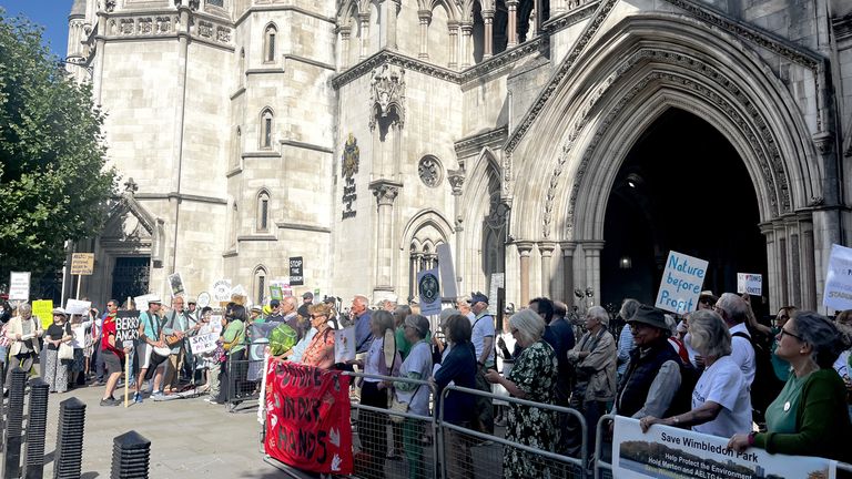 Campaign group outside the High Court protesting against the expansion of Wimbledon