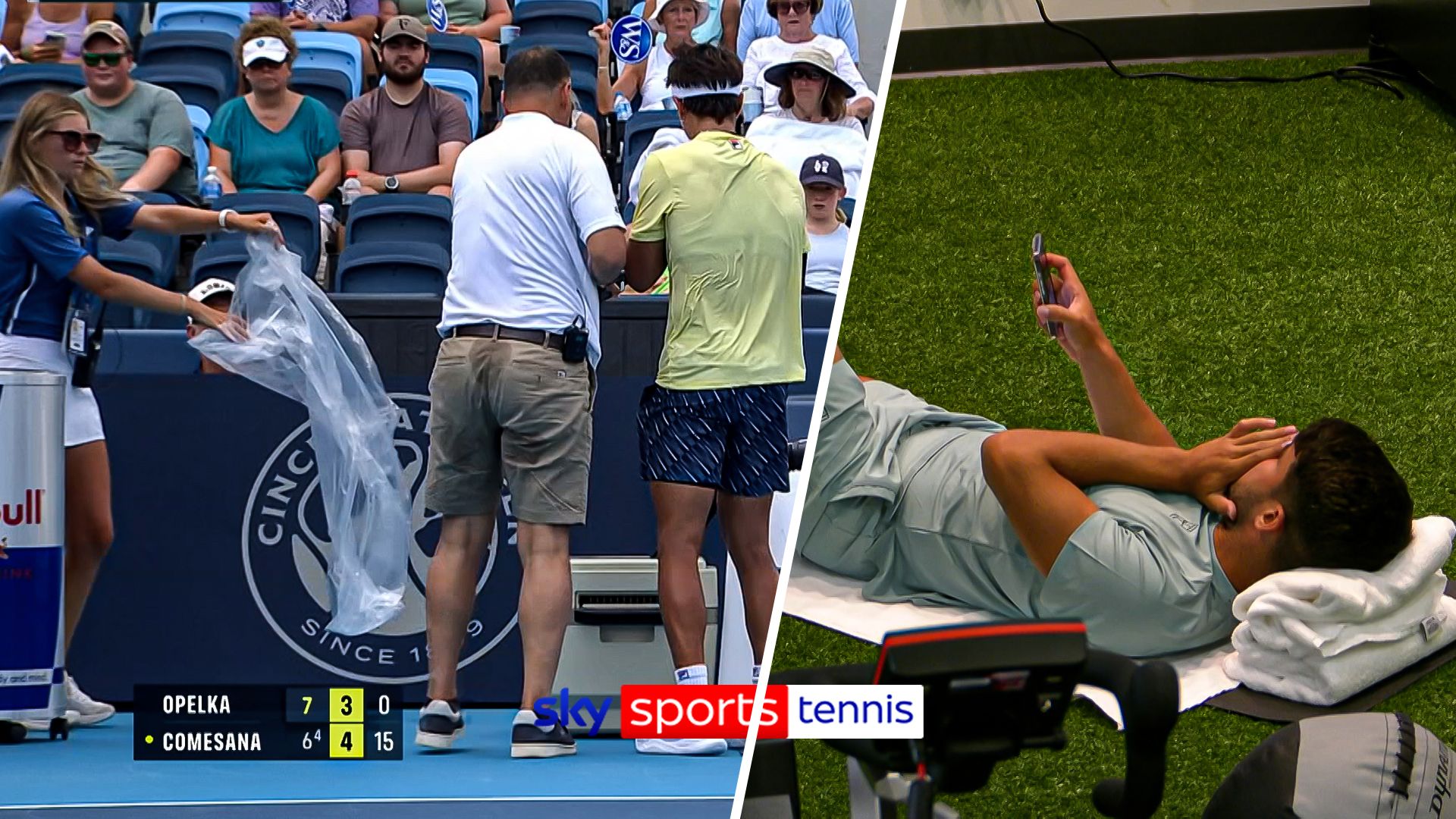 Player sick on side of court whilst Alcaraz watches on