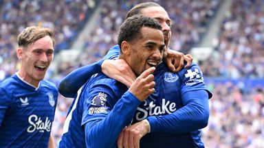 Iliman Ndiaye celebrates after sending Everton on their way to victory over Brighton at Hill Dickinson Stadium