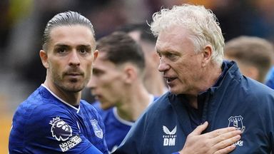 Jack Grealish embraces Everton manager David Moyes after the victory