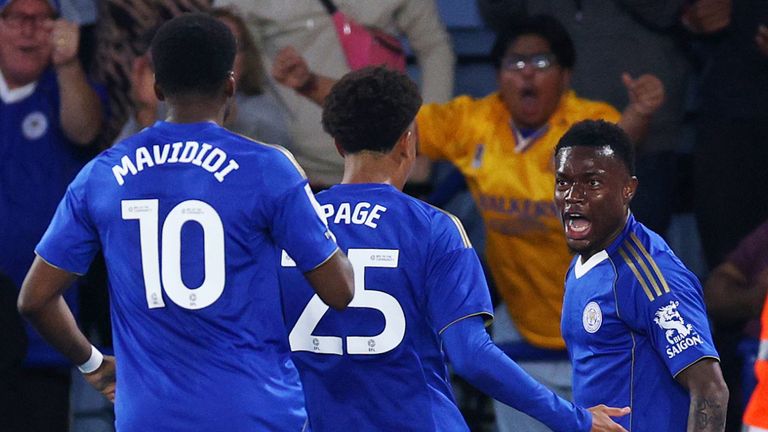 Abdul Fatawu of Leicester City celebrates scoring against Birmingham