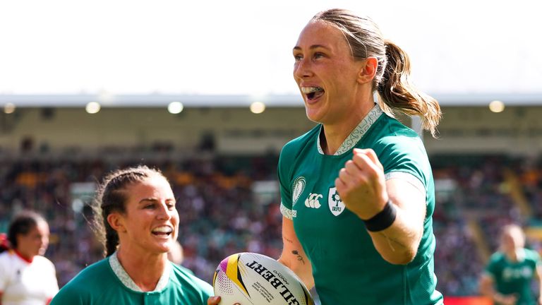 England , United Kingdom - 31 August 2025; Anna McGann of Ireland celebrates with team-mate Emily Lane, left, after scoring her side's seventh try during the Women's Rugby World Cup 2025 Pool C match between Ireland and Spain at Franklin's Gardens in Northampton, England. (Photo By Harry Murphy/Sportsfile via Getty Images)