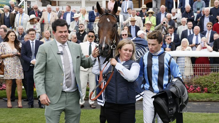 Asfoora ridden by Oisin Murphy after winning the Coolmore Wootton Bassett Nunthorpe Stakes at York