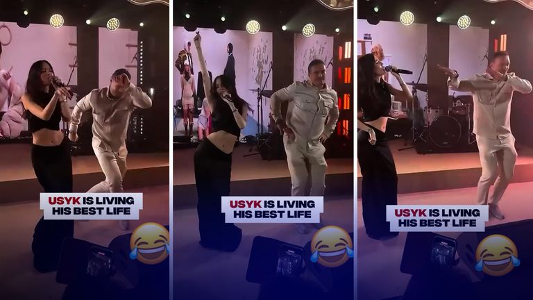 Oleksandr Usyk seemed be enjoying himself as he dances with Ukraine singer Nadya Dorofeeva on stage despite apparently being injured. ImagesL FIGHT tiktok