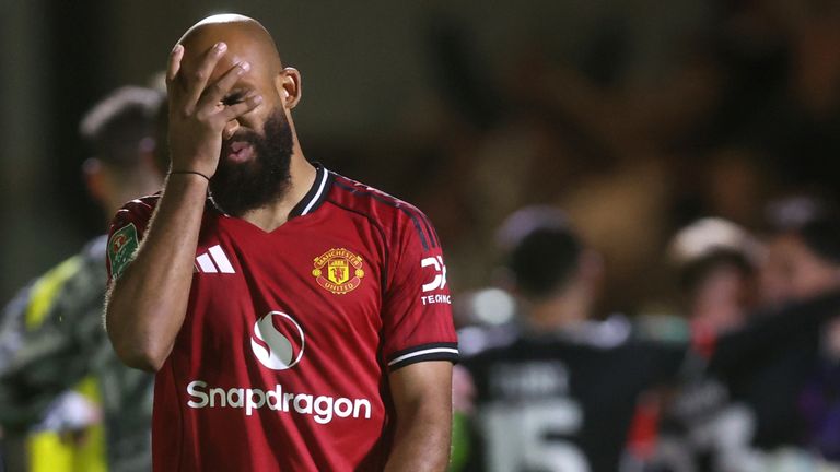 Bryan Mbuemo reacts after missing Manchester United's decisive penalty against Grimsby