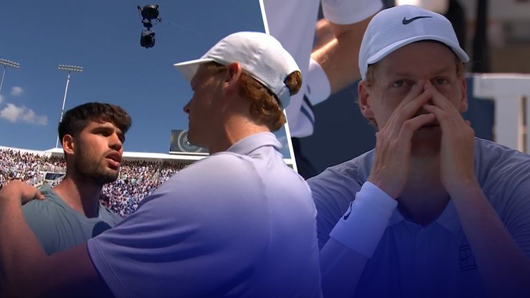 Carlos Alcaraz (left) consoles Jannik Sinner after the world No 1 retired in their Cincinnati Open final match