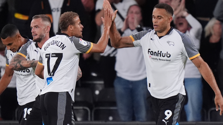 Derby County's Carlton Morris (right) celebrates scoring their side's first goal