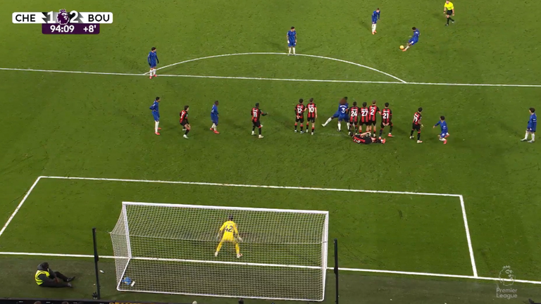 Reece James' free-kick against Bournemouth in January was allowed to stand despite two Chelsea players being within one metre of the wall