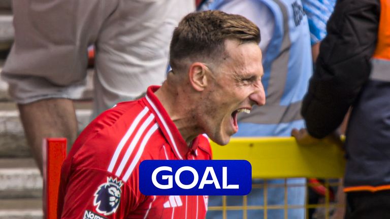 Chris Wood scores a third for Forest against Brentford before half-time.