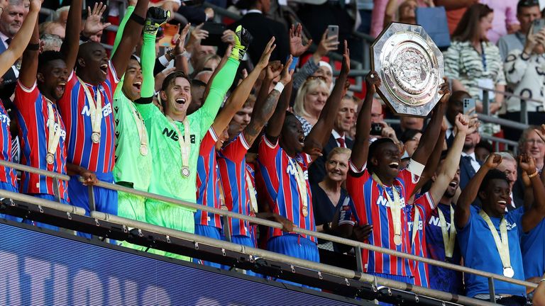 Crystal Palace players celebrates as captain Marc Guehi lifts the Community Shield