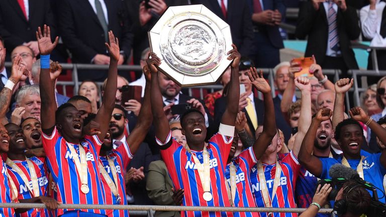 Crystal Palace captain Marc Guehi lifts the Community Shield
