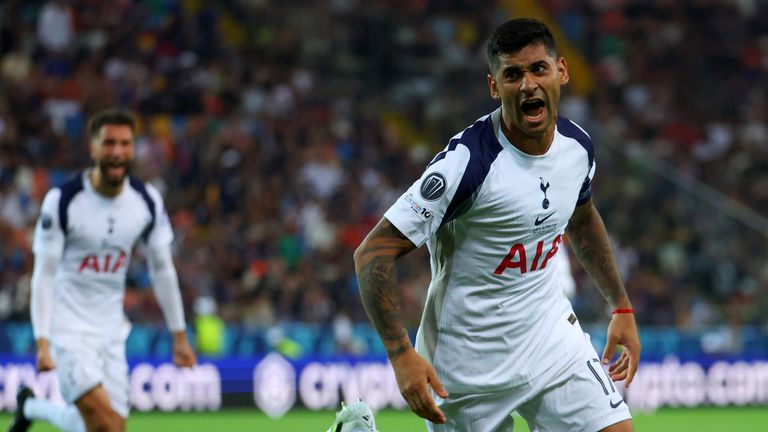 Spurs captain Cristian Romero celebrates after doubling their lead over PSG in the UEFA Super Cup