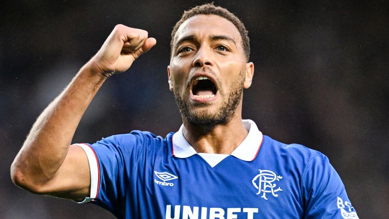 Rangers' Cyriel Dessers celebrates after making it 2-0 against Viktoria Plzen