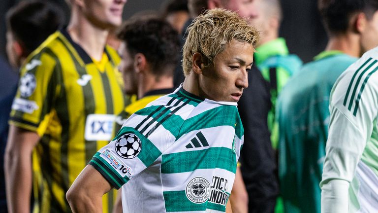 ALMATY, KAZAKHSTAN - AUGUST 26: Celtic's Daizen Maeda looks dejected at full time during a UEFA Champions League Play-Off Secong Leg match between Kairat Almaty and Celtic at the Almaty Ortalyk Stadion, on August 26, 2025, in Almaty, Kazakhstan.  (Photo by Craig Williamson / SNS Group)