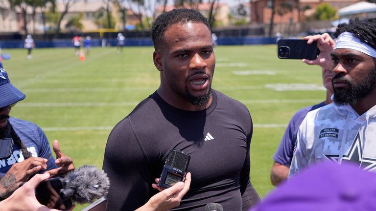 Dallas Cowboys defensive end Micah Parsons speaks to reporters after training camp (AP Photo/Mark J. Terrill)