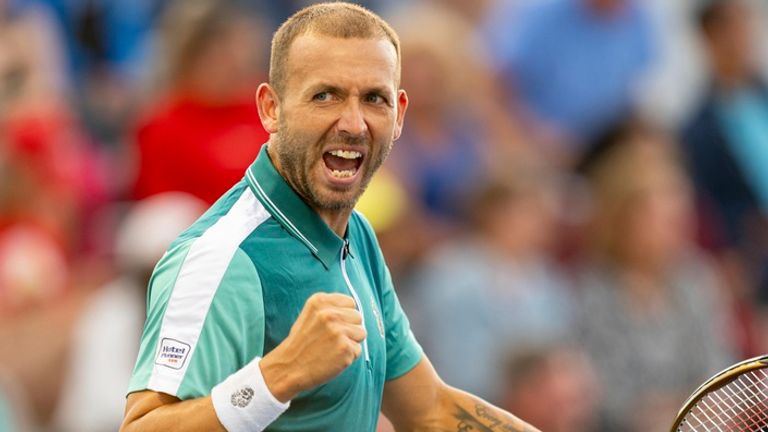 Dan Evans of Great Britain reacts after winning a point during his first round match of the National Bank Open, part of the Hologic ATP Tour