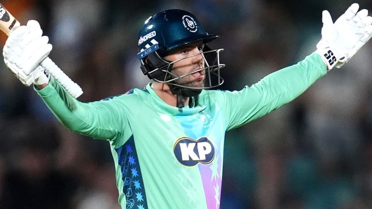 Oval Invincibles' Donovan Ferreira celebrates hitting the winning runs against London Spirit in The Hundred