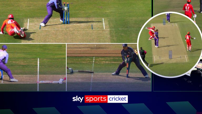 Sophia Dunkley forced to walk after being stumped as she only recorded one run after she tried to go for a quick single but her batting partner Hayley Matthews wasn't on the same wavelength. 