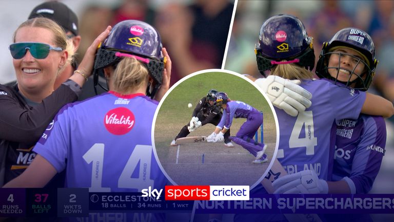 Sophie Ecclestone was left in disbelief her delivery went for a boundary and shares a light-hearted moment with Annabel Sutherland who then seals a victory for the Northern Superchargers moments later.