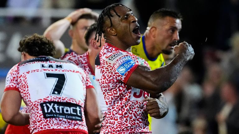 Edwin Ipape of Leigh celebrating the try of Owen Trout (Olly Hassell/SWpix.com)