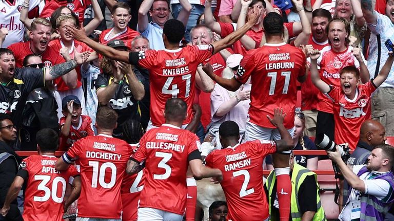 Harvey Knibbs celebrates with the home fans after scoring a late winner for Charlton against Watford