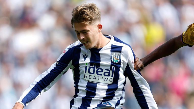 West Brom's Isaac Price fires a shot at the Blackburn goal