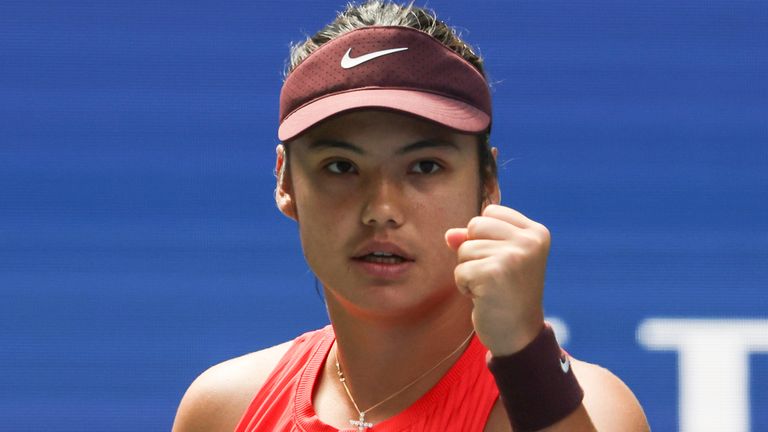 Emma Raducanu, of Great Britain, reacts after scoring a point against Janice Tjen, of the United States, during the second round of the U.S. Open tennis championships, Wednesday, Aug. 27, 2025, in New York. (AP Photo/Andres Kudacki)
