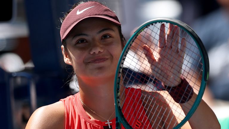 Emma Raducanu of Great Britain celebrates match point against Janice Tjen of Indonesia during their Women's Singles Second Round match on Da