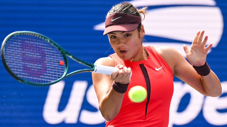Britain's Emma Raducanu plays a return to Kazakhstan's Elena Rybakina during their women's singles third round tennis match on day six of the US Open tennis tournament at the USTA Billie Jean King National Tennis Center in New York City, on August 29, 2025. (Photo by ANGELA WEISS / AFP)