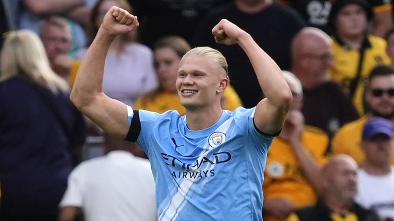 Erling Haaland celebrates scoring Man City's first goal of the game
