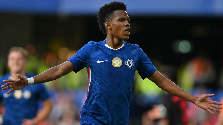 Estevao celebrates after scoring the opening goal Chelsea's pre-season friendly against Bayer Leverkusen