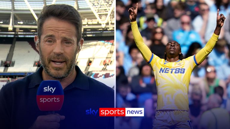 Crystal Palace's Eberechi Eze celebrates scoring his side's opening goal during the English Premier League soccer match between Manchester City and Crystal Palace at the Etihad stadium in Manchester, England, Saturday, April 12, 2025