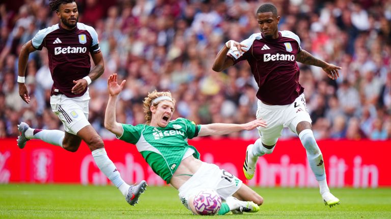 Anthony Gordon is fouled by Ezri Konsa, resulting in a red card for the Villa defender