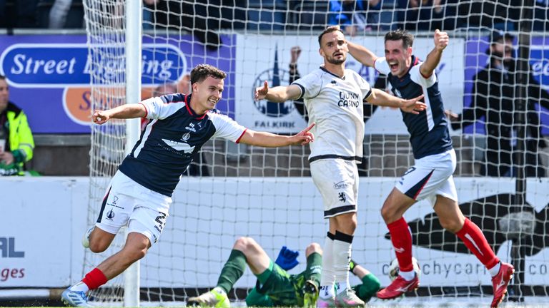 FALKIRK, SCOTLAND - AUGUST 03: Falkirk's Dylan Tait celebrates after scoring to make it 1-1 during a William Hill Premiership match between Falkirk and Dundee United at the Falkirk Stadium, on August 03, 2025, in Falkirk, Scotland. (Photo by Rob Casey / SNS Group)