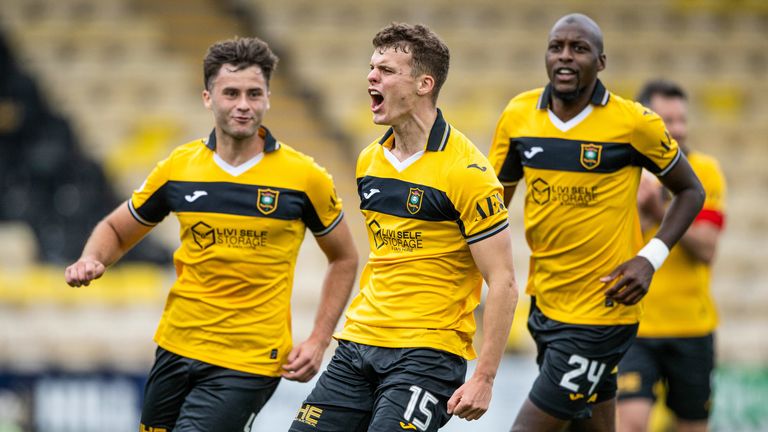 LIVINGSTON, SCOTLAND - AUGUST 09: Livingston's Lewis Smith celebrates as he scores to make it 2-0 during a William Hill Premiership match between Livingston and Falkirk at the Home of the Set Fare Arena, on August 09, 2025, in Livingston, Scotland. (Photo by Paul Devlin / SNS Group)