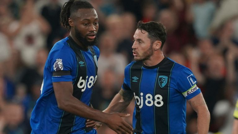Bournemouth's Antoine Semenyo celebrates with Adam Smith after scoring a goal against Liverpool