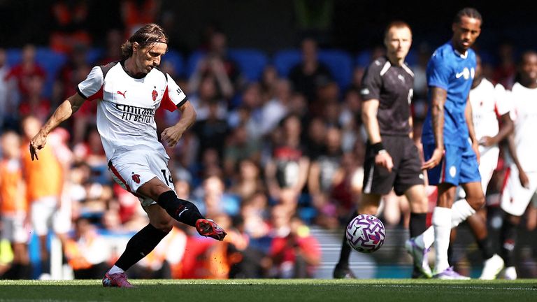 AC Milan's Luka Modric plays a pass at Stamford Bridge