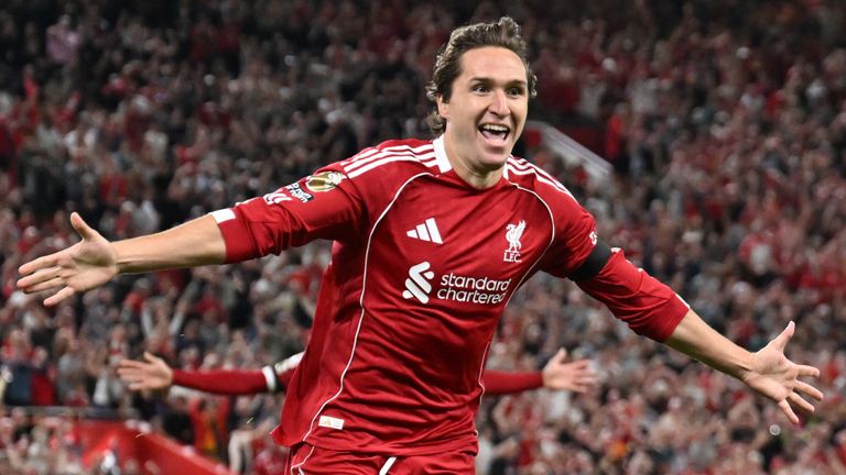 Federico Chiesa of Liverpool celebrates scoring his team's third goal against Bournemouth